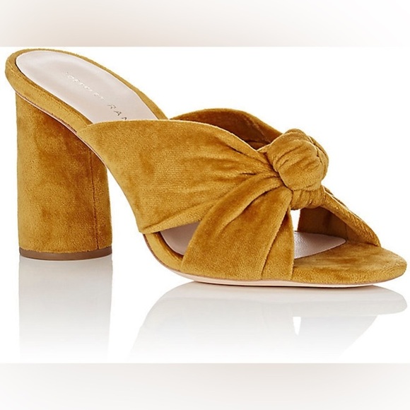Loeffler Randall Coco Yellow Gold Velvet Knott Open Toe Heeled Sandal Mule EUC 9